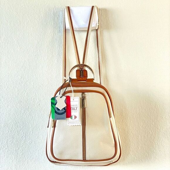 NWT Valentina Genuine Ivory & Tan Pebble Italian Leather Convertible Backpack main image 4